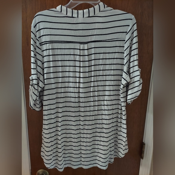 PerSeption Concept black and white striped half sleeve shirt with gold buttons. - Picture 2 of 3